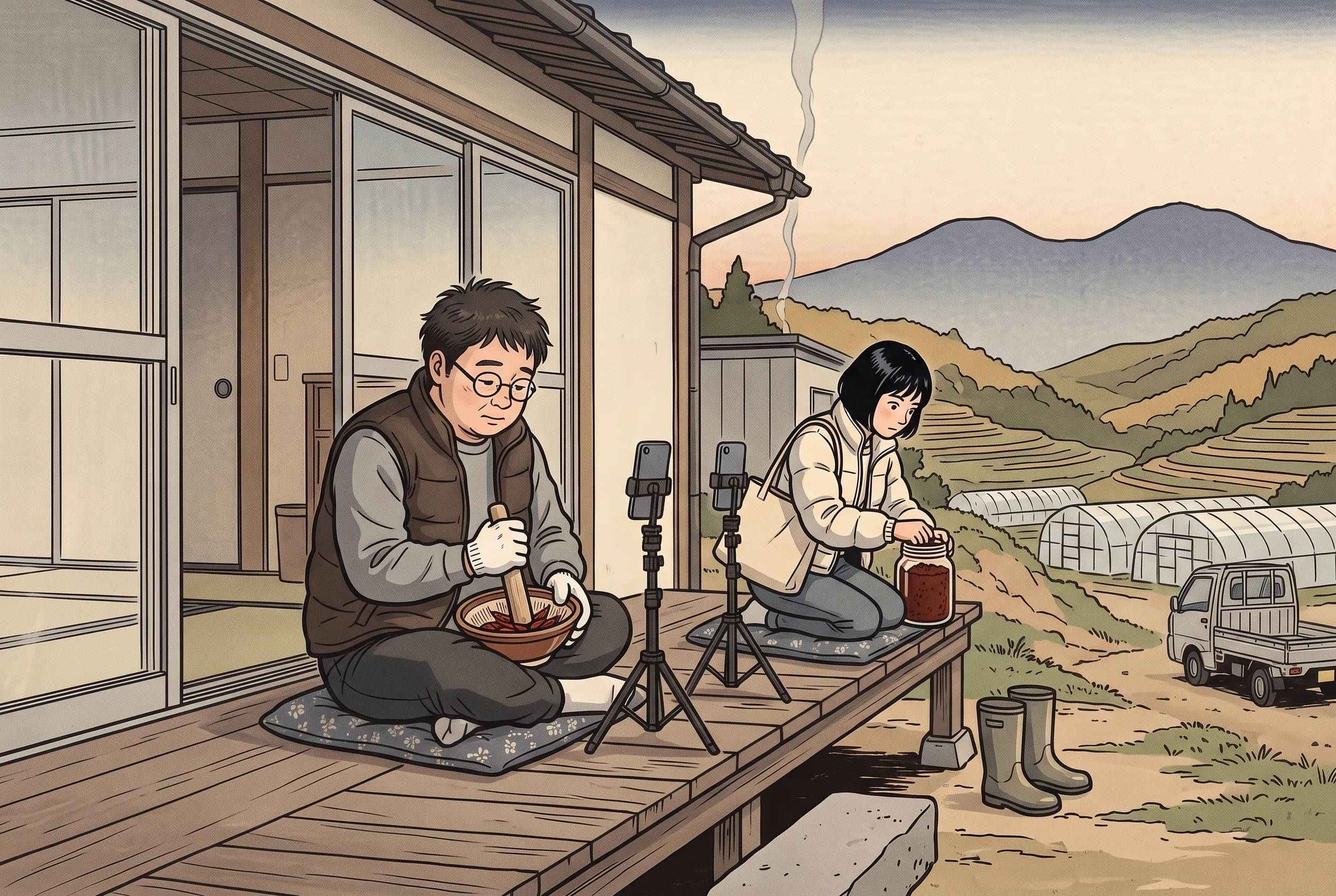 挿絵:北の斜面の縁側で、並んだ二つの三脚の前に座り、それぞれすり鉢と味噌の瓶を前にする田貫さんと宇佐美さん