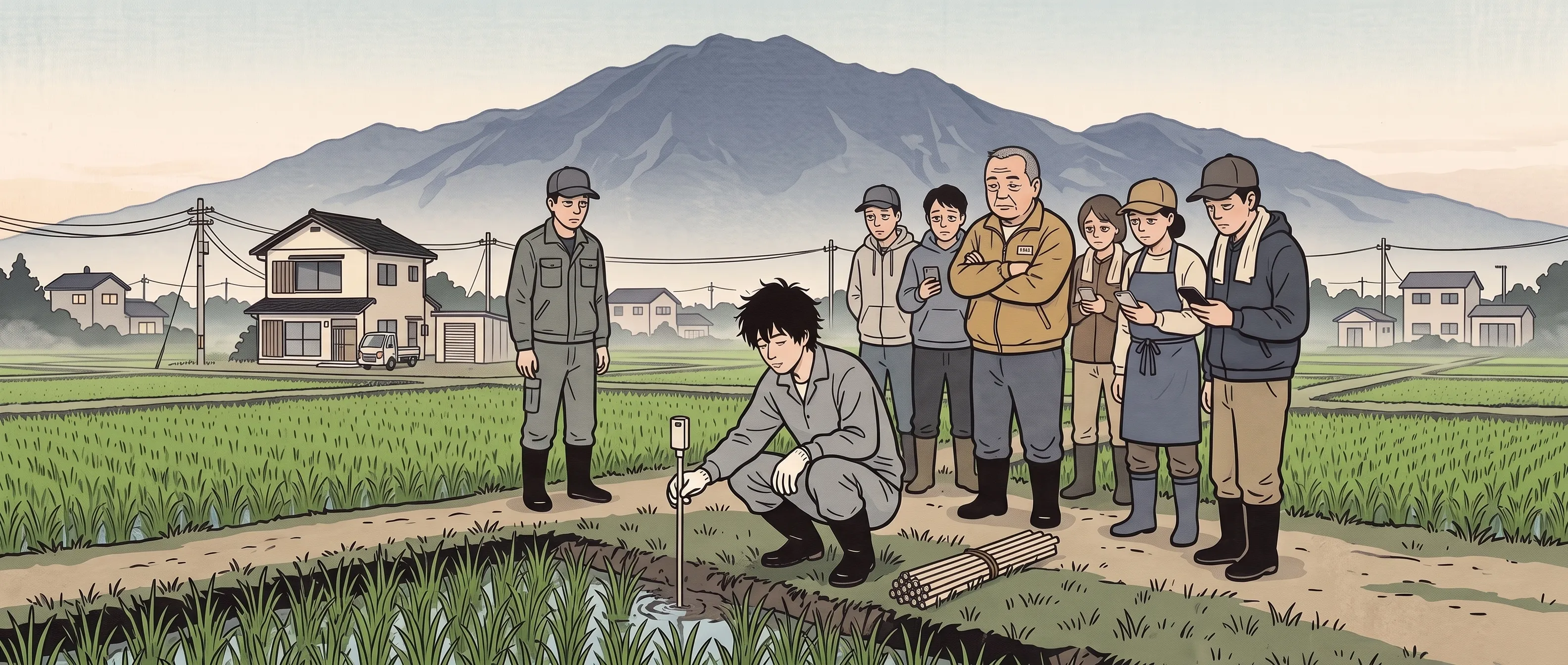 挿絵:夏の朝のあぜ道で、寝間着のスウェットに長靴と軍手の寝太郎が、田んぼの隅の泥に細い杭のような水位センサーを刺している。あぜ道には、目の下にくまのある町の人たちと、農協のジャンパーの組合長が並んで見ている