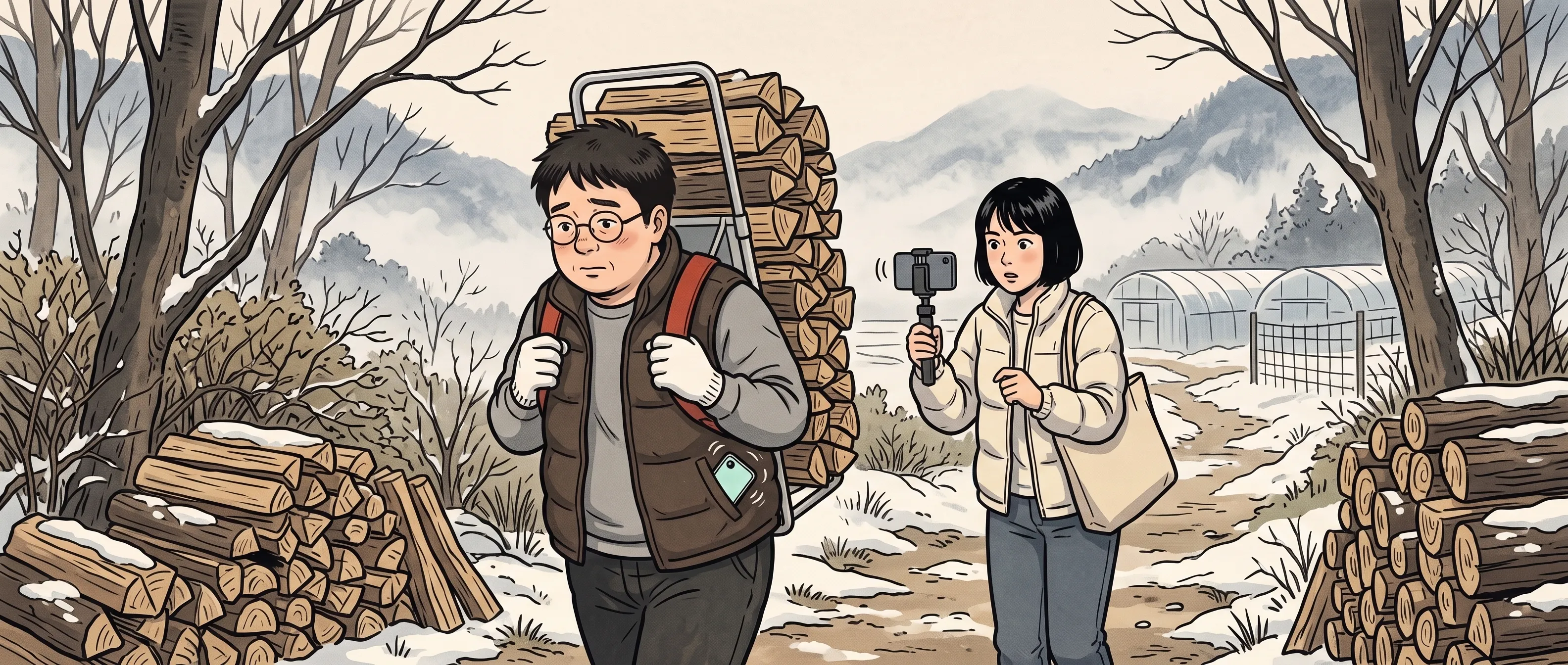 挿絵:冬の山道で、アルミの背負子に薪を積んで歩く、ダウンベストに軍手の田貫さん。うしろで三脚付きのスマートフォンを持つ宇佐美さん。田貫さんの上着のポケットで、スマートフォンの画面が光っている