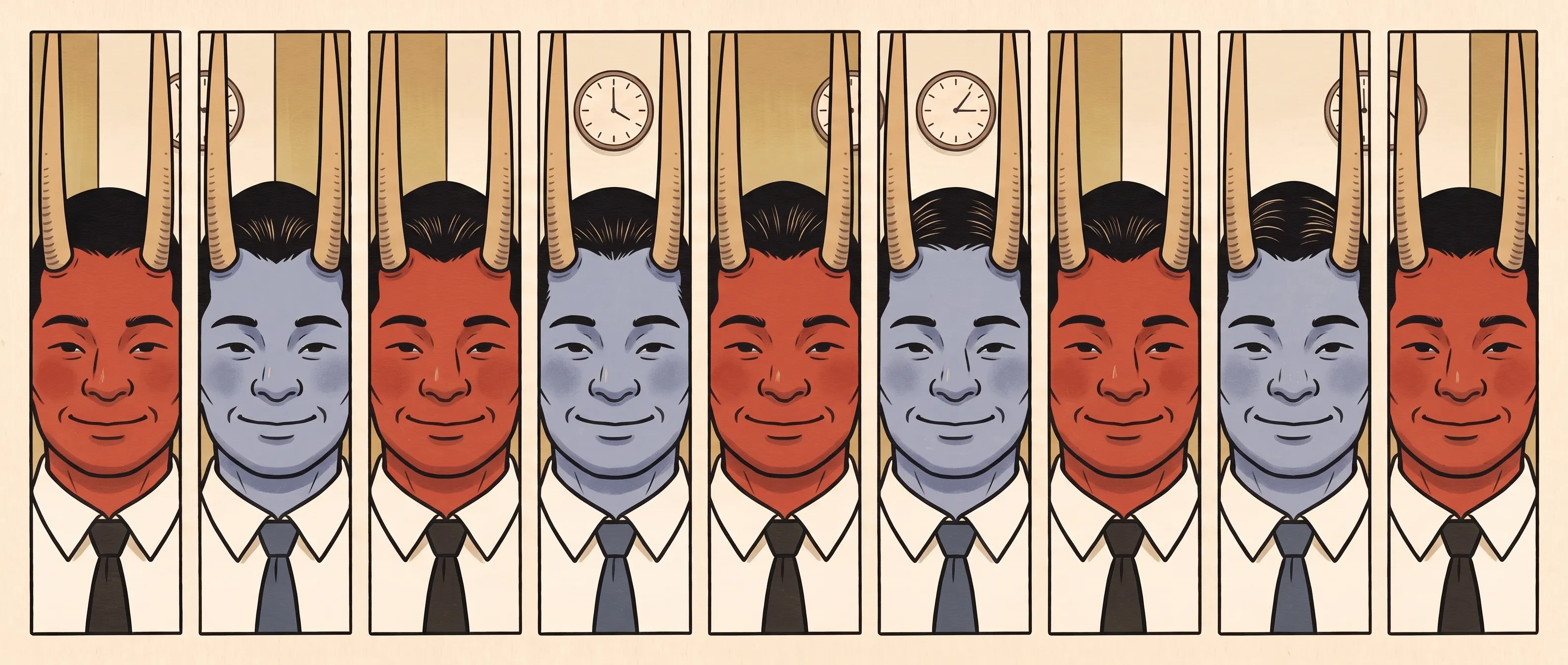 挿絵:画面の枠から角がはみ出した九人の鬼たちと、その背後の壁に並ぶ、時刻の違う時計
