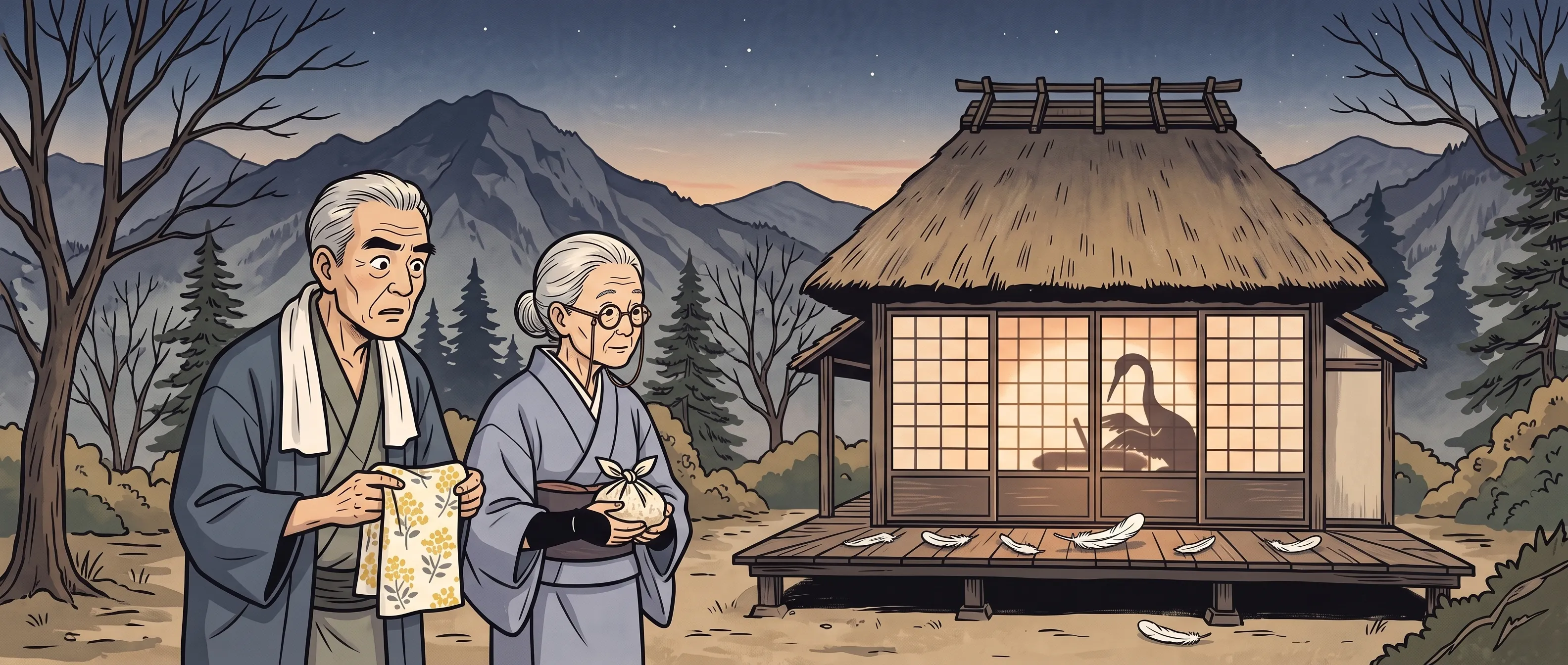 挿絵:宵の口、山あいの一軒家の障子に映る影一つと、縁側に落ちた数枚の白い羽根の前に、見本の手ぬぐいとおにぎりの包みを抱えて立つおじいさんとおばあさん