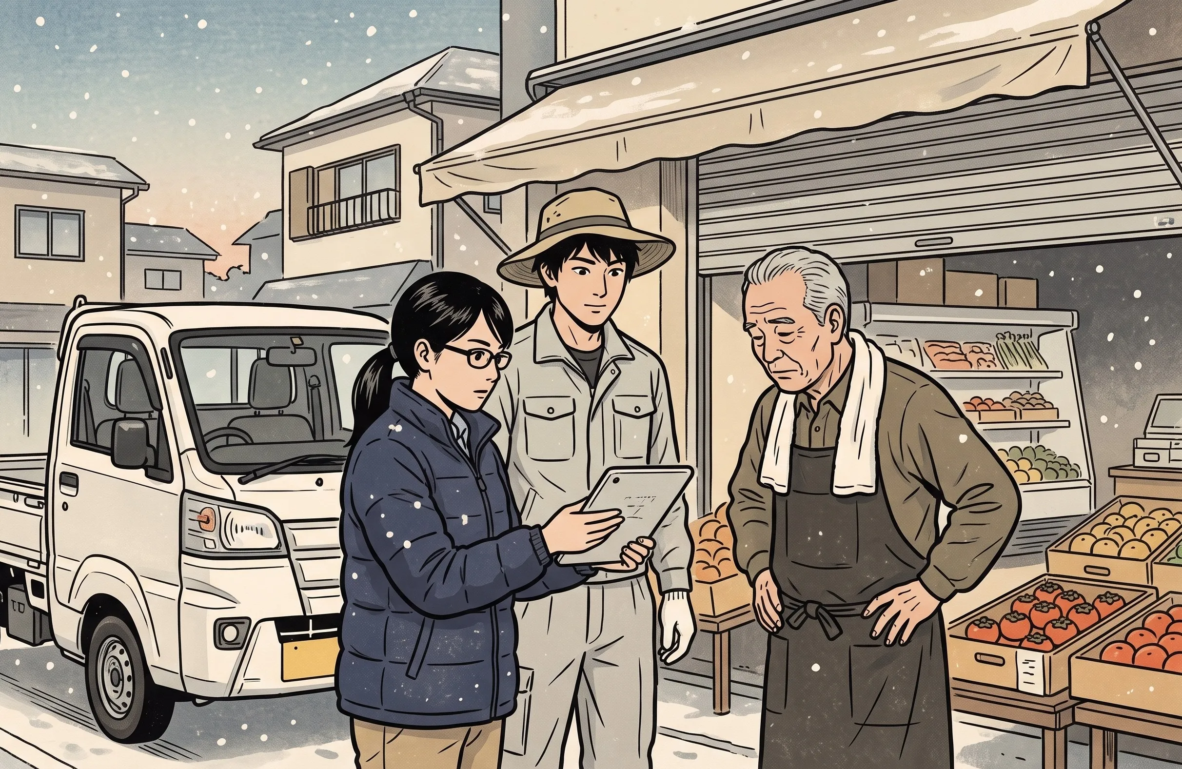 挿絵:雪の降りはじめた町の青果店の店先で、タブレットの検品表を主人に見せるダウンジャケット姿の蜂谷さんと、うしろに立つ作業着の猿渡さん。店の前に軽トラック