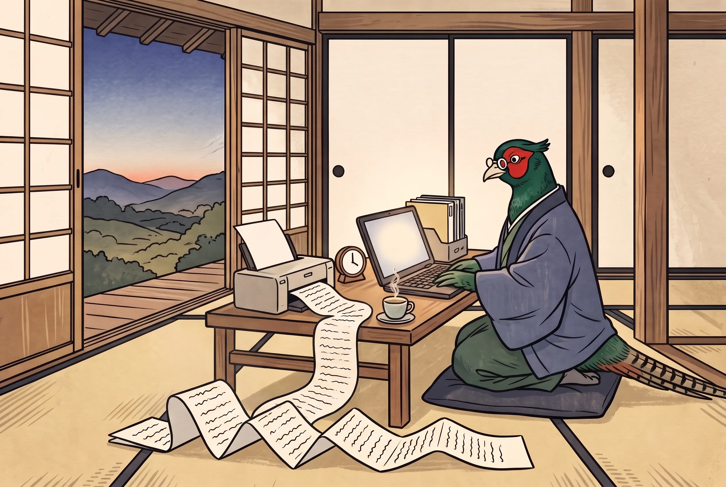 挿絵:夜明け前、自分の部屋で、プリンターから長く流れ出る議事録を書き上げる雉