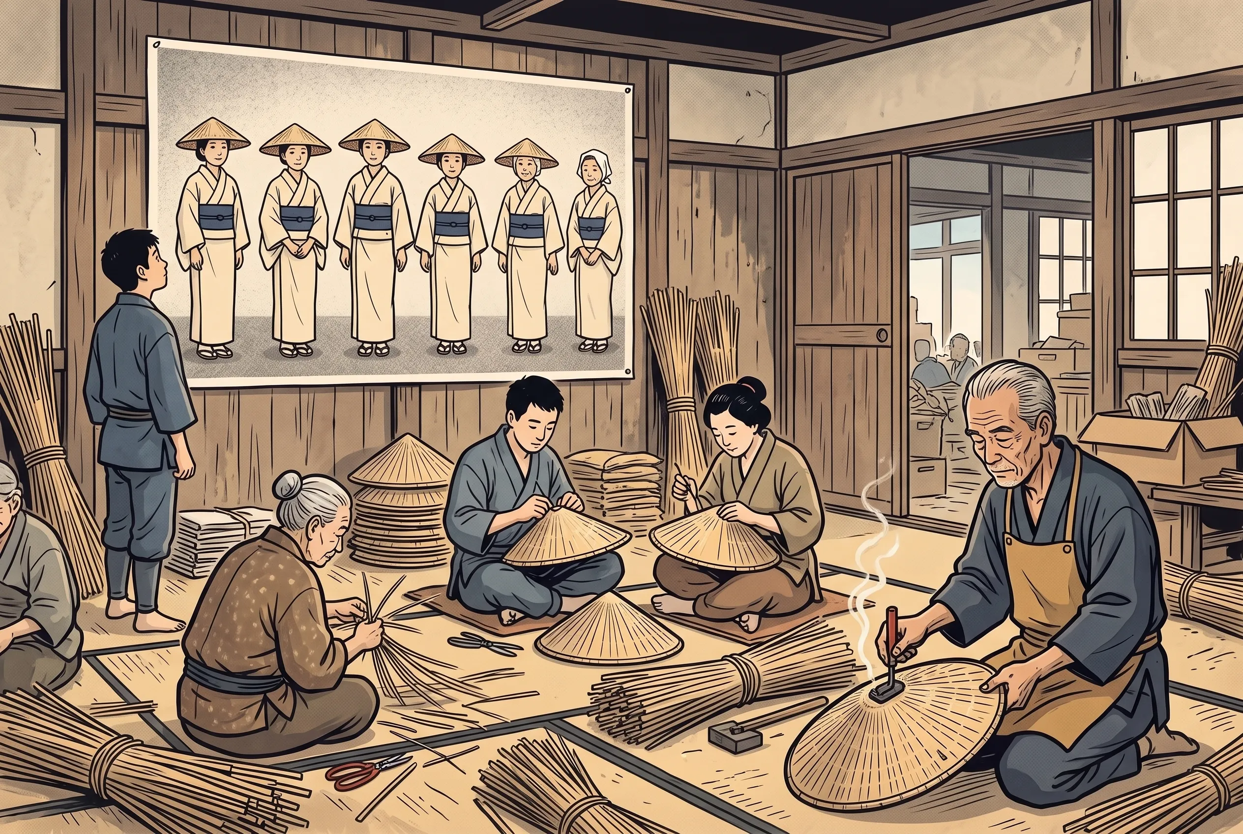挿絵:公民館で笠を編む村の人たちと、壁の六人の写真を見上げる新しい人、焼き印を押すおじいさん