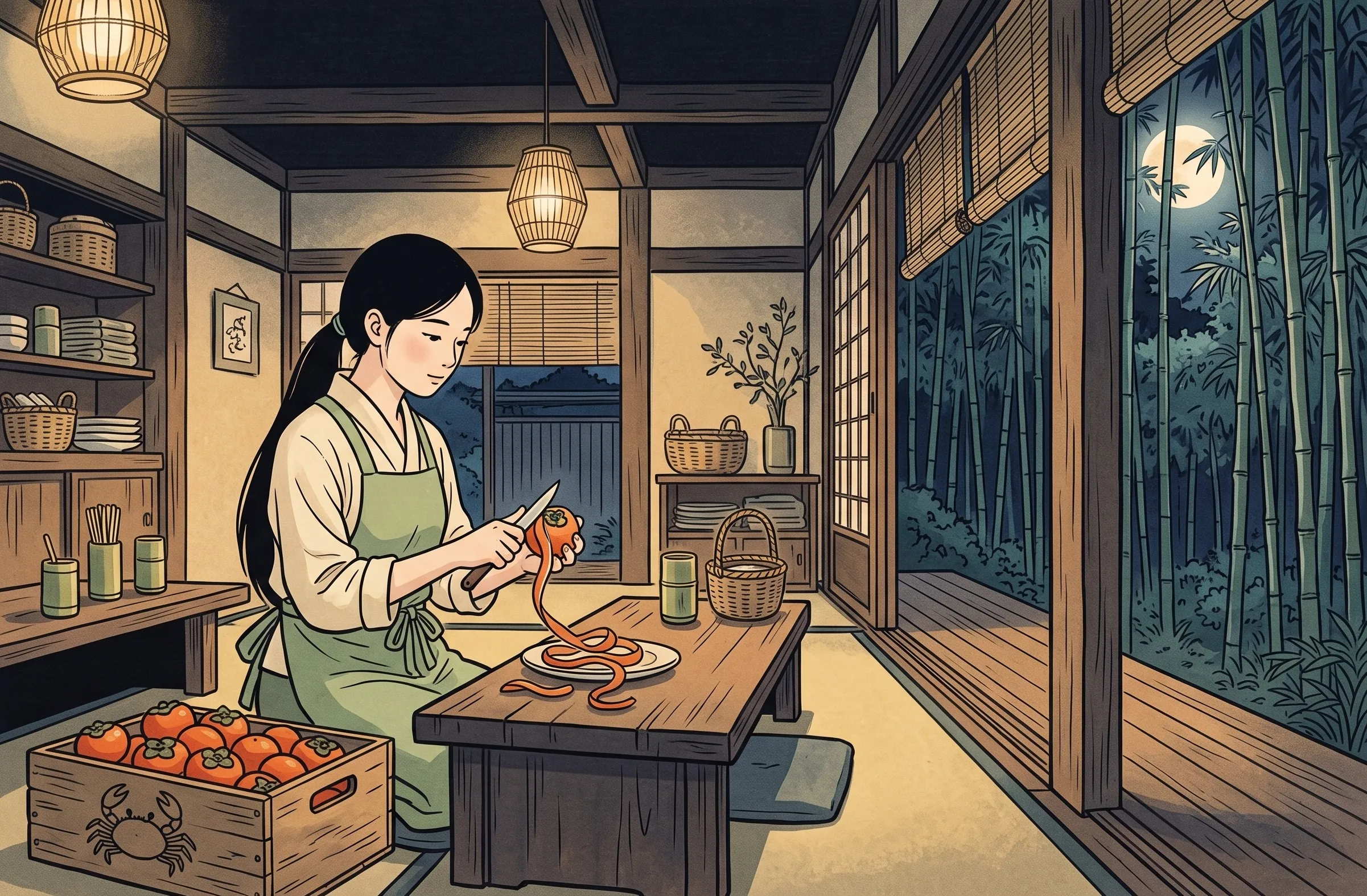 挿絵:閉店後、蟹の印の木箱の柿の皮をむくかぐや姫