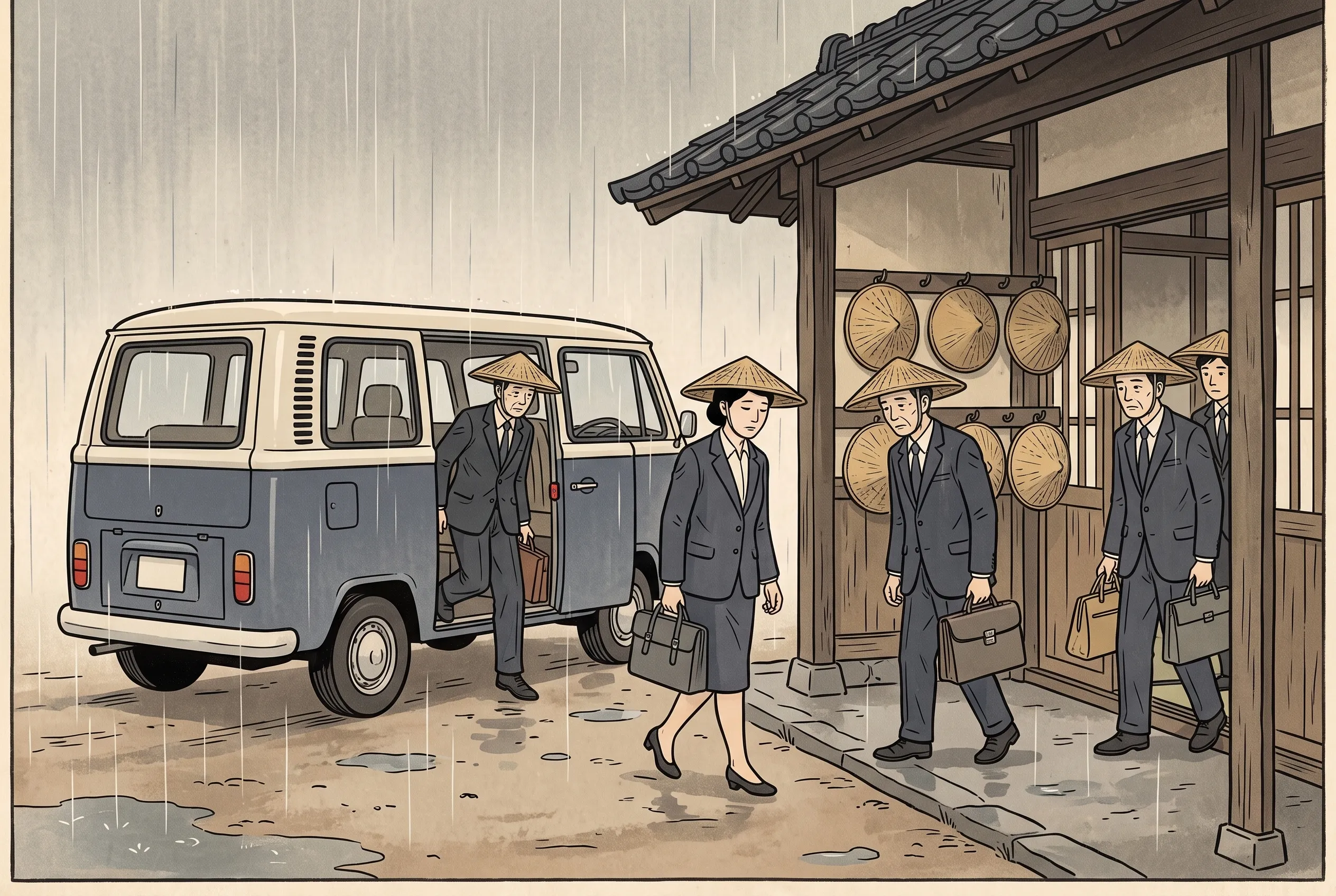 挿絵:雨のすずめのお宿の玄関に掛けられた貸し笠と、笠をかぶって到着する新任の役員たち