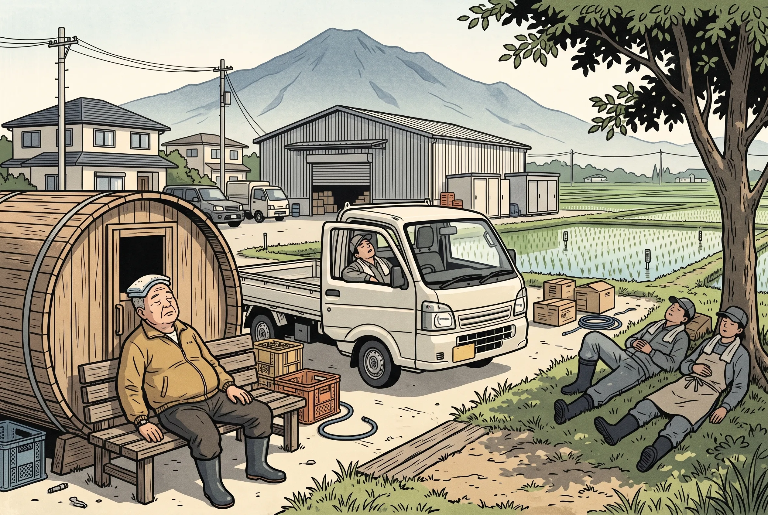 挿絵:夏の昼下がり、集荷場の隣のととのい小屋のベンチや、あぜの木陰で、頭にタオルを載せた組合長や町の人たちが昼寝している