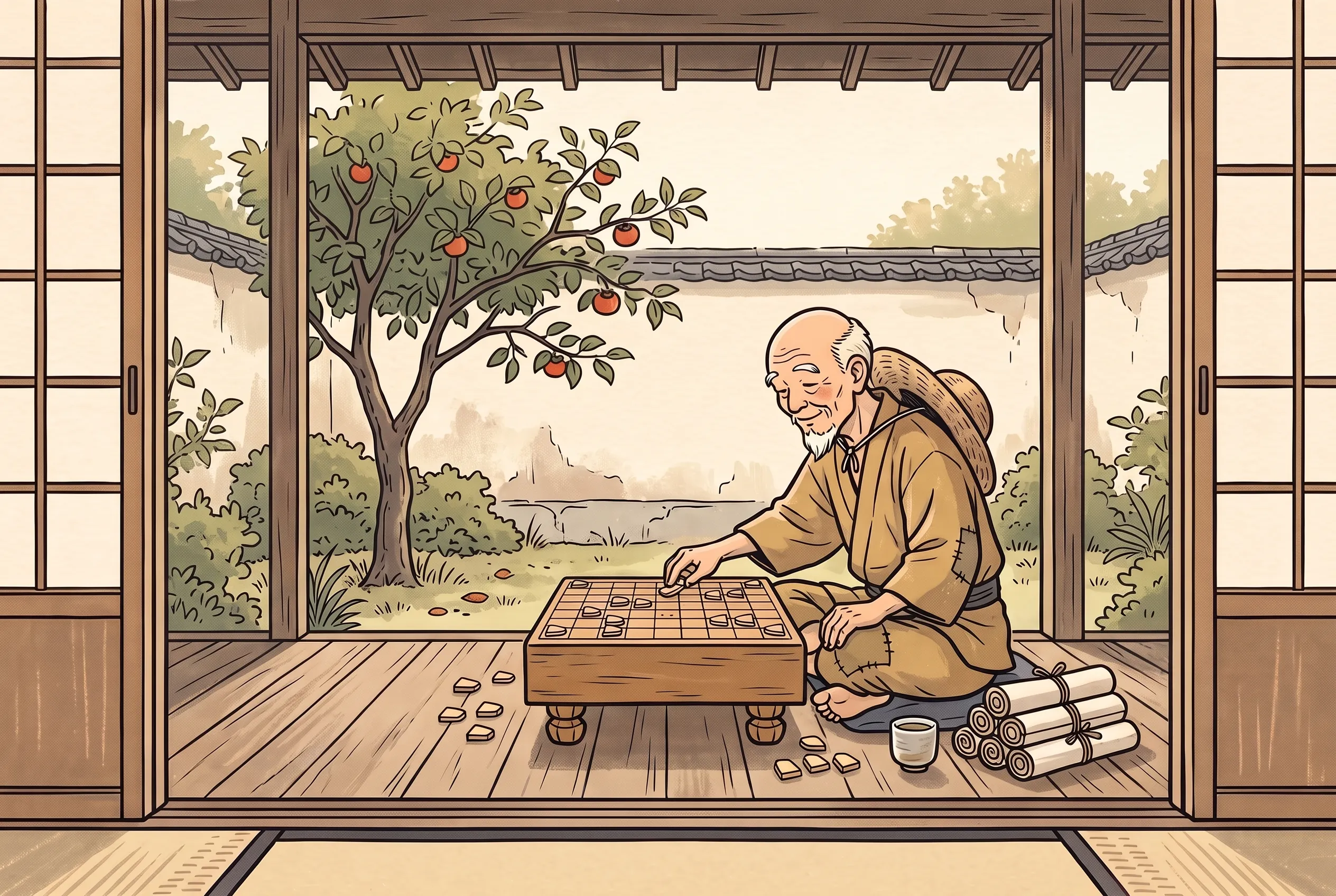 挿絵:朝の縁側で、戻ってきた棋譜を一局目から将棋盤に並べ直すおじいさん