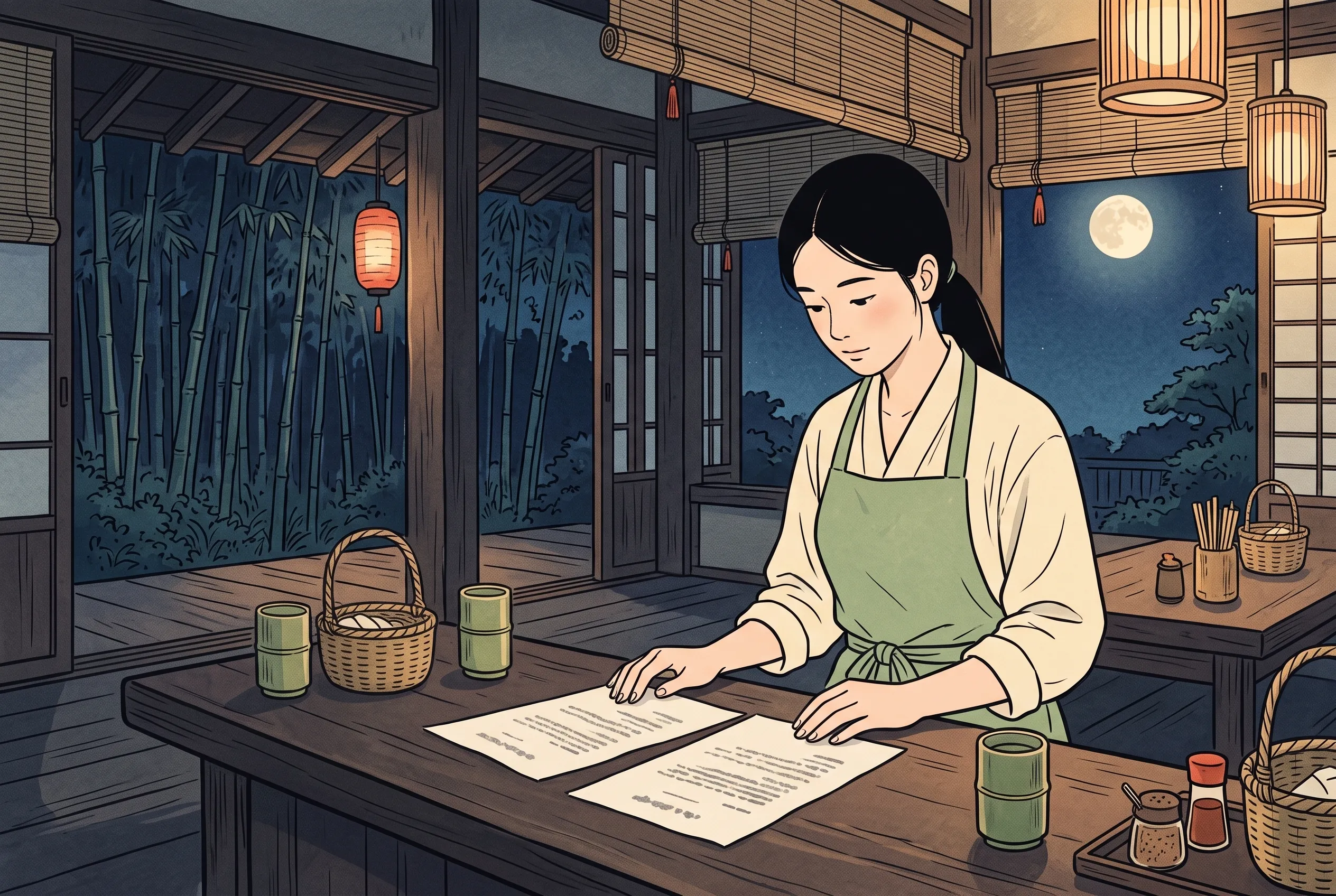 挿絵:閉店後のカウンターに並べた二通の内定通知書と、満月に近い月