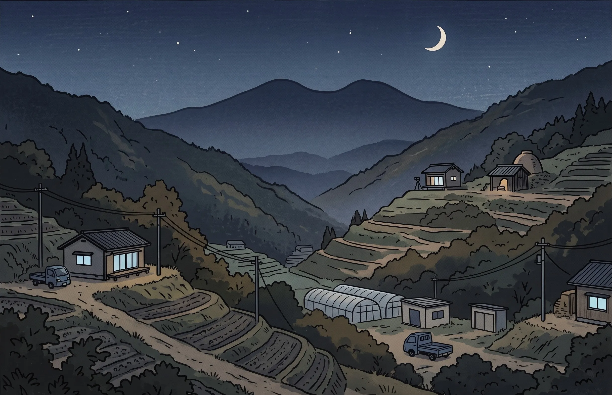 挿絵:夜の山の遠景。南の斜面と北の斜面と、斜面の上の炭焼き小屋と、もう一軒の家の窓に、スマートフォンの明かりが一つずつ灯っている