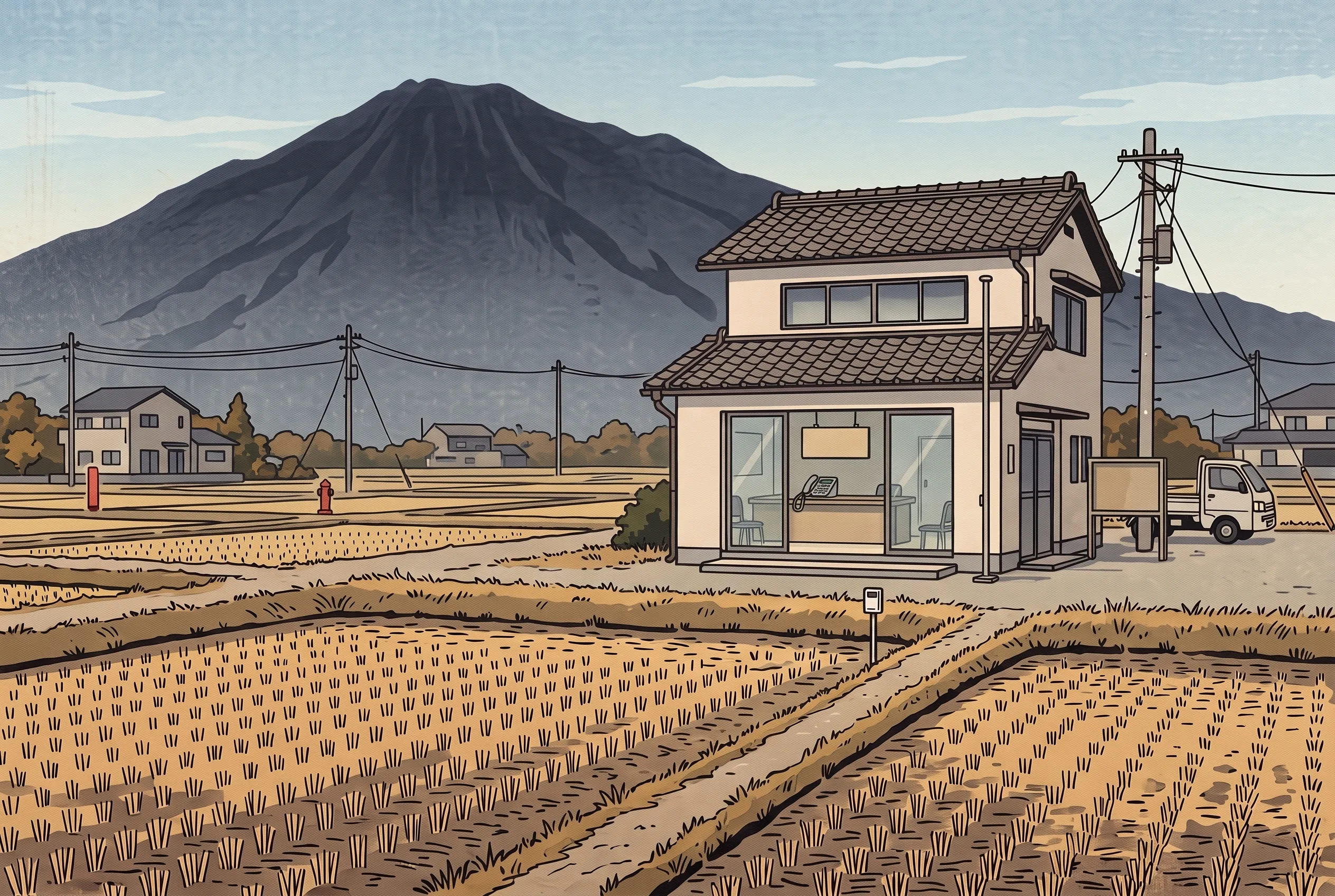 挿絵:秋の昼、刈り入れの済んだ田んぼの向こうの町役場。窓口には札が下がり、机の電話の受話器は置かれたまま、職員の姿はない