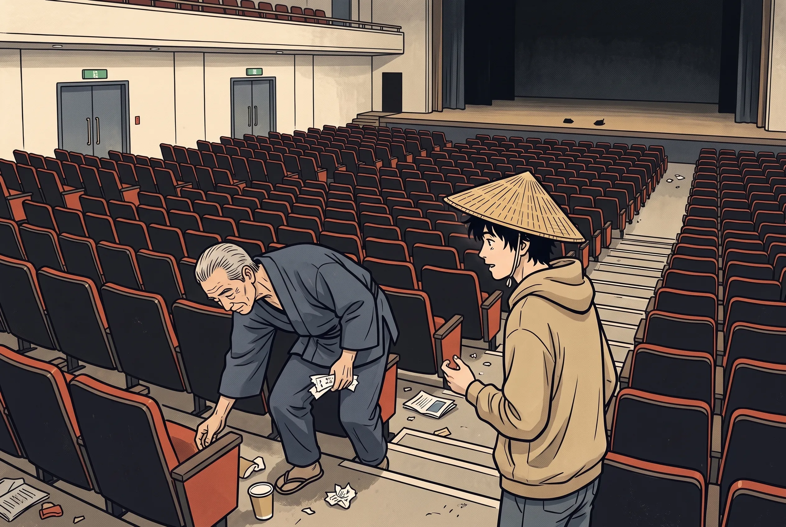 挿絵:終演後のがらんとした客席で、紙コップを拾うおじいさんと、声をかける笠の若いファン