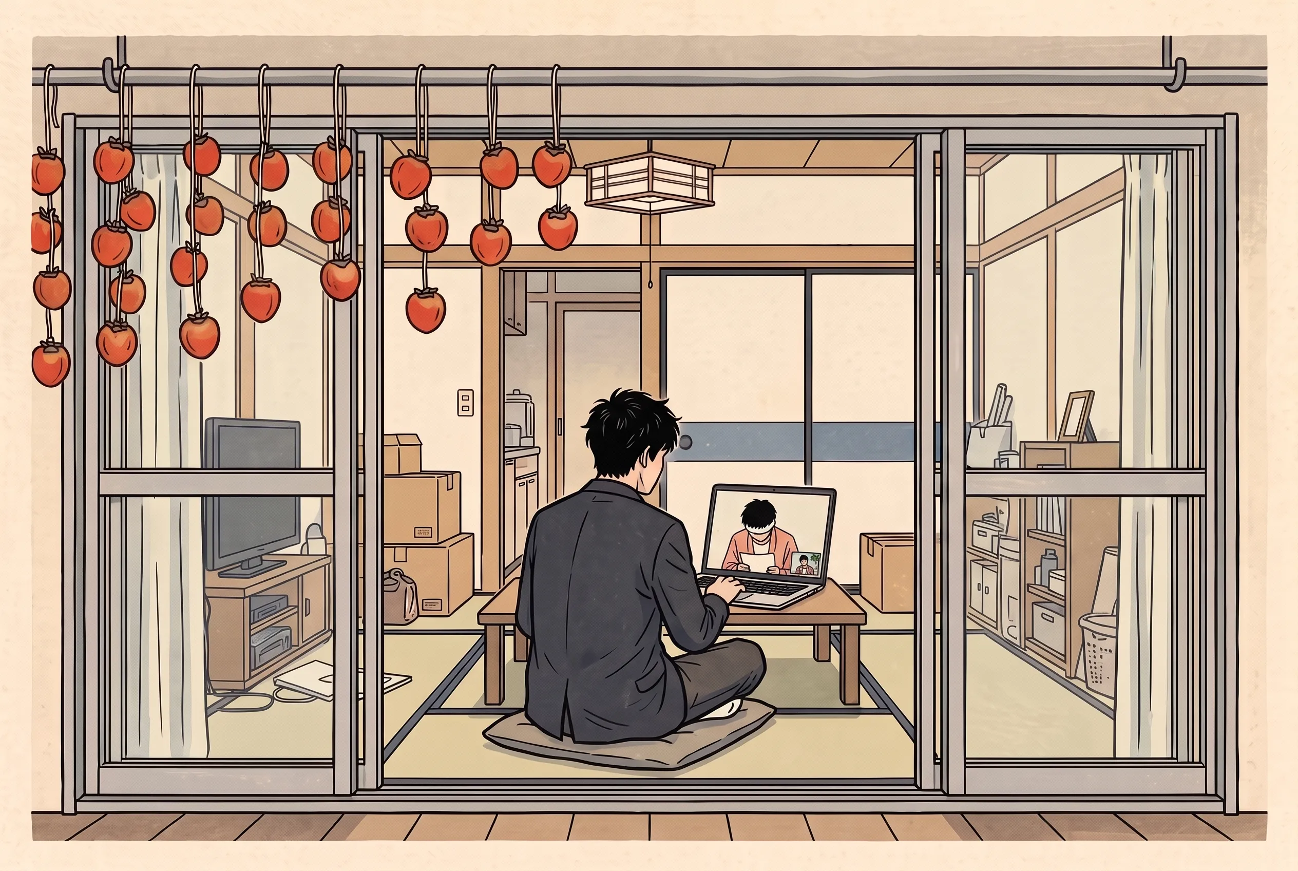 挿絵:春のアパートのベランダに吊るした干し柿の向こう、部屋の中で、干し柿の窓に背を向けてノートパソコンに向かうジャケット姿の猿渡さん。画面の中央には書類に目を落とす面接の相手、隅の小さな窓には南国の浜辺の背景の猿渡さん