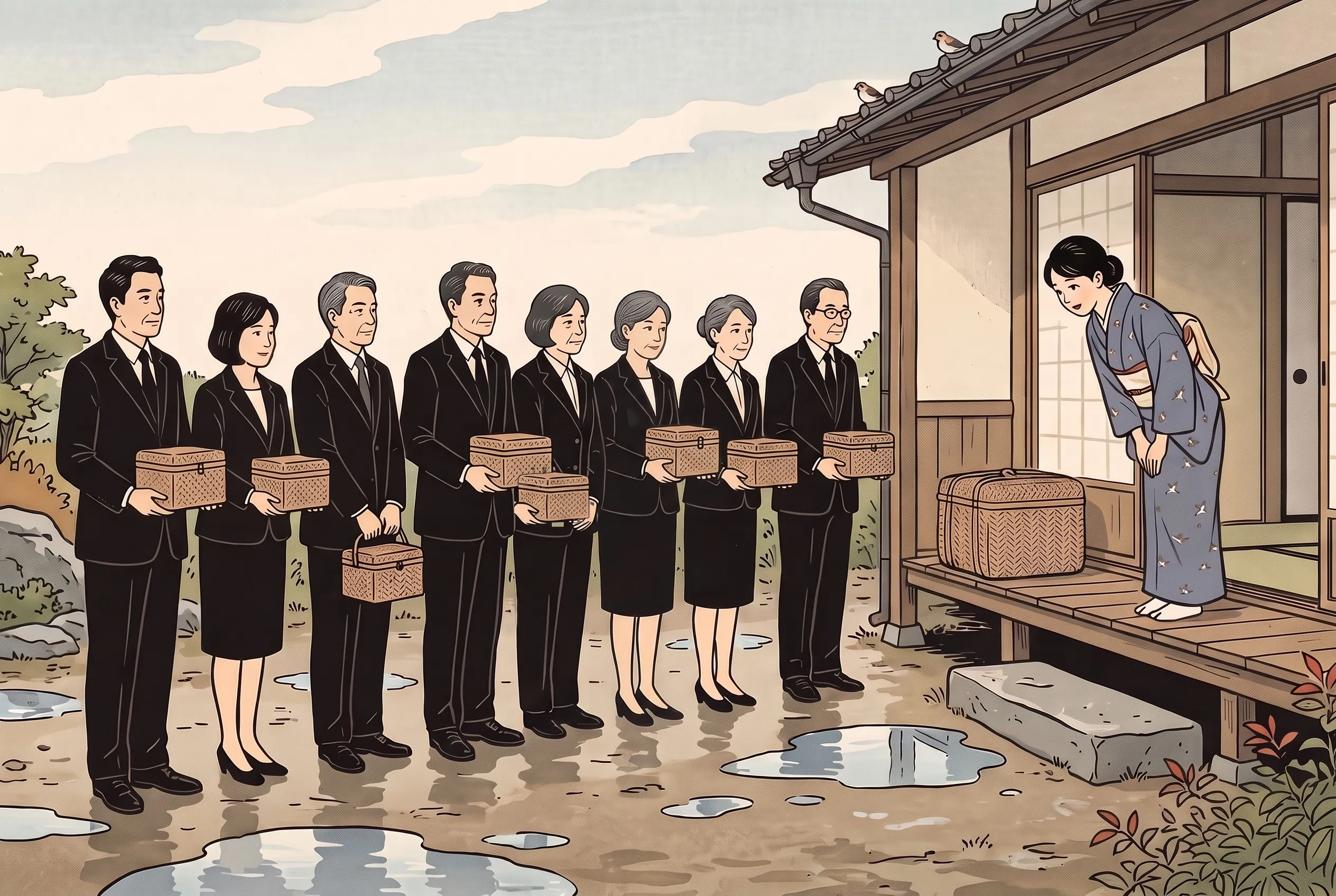 挿絵:雨上がりの宿の玄関で、小さいつづらを一つずつ持って並ぶ八人の新任の役員たちと、見送る鈴目さん。上がり框に大きいつづらが残っている