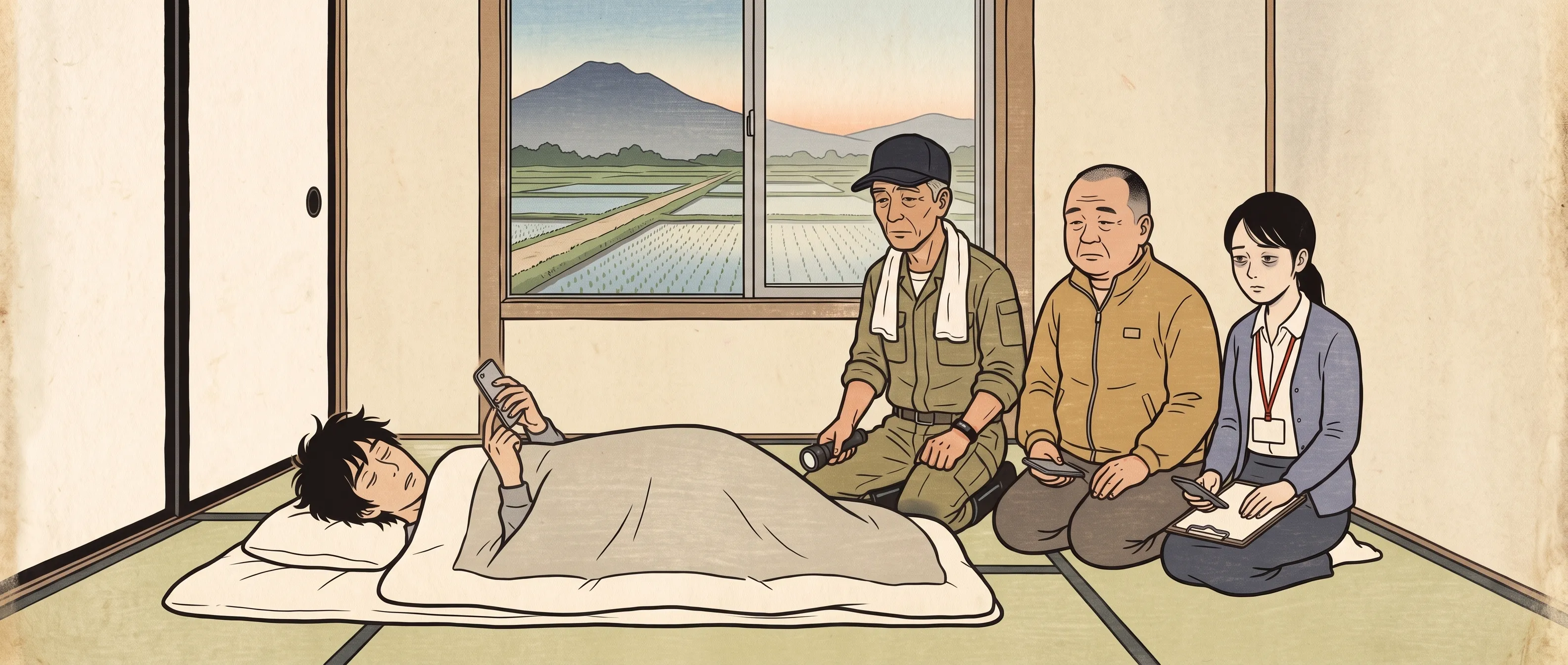 挿絵:夏の朝の寝太郎の部屋で、布団から片手だけ出してスマートフォンの設定を直す、寝ぐせの寝太郎。枕もとには、作業着の父、農協のジャンパーの組合長、役場の名札を下げた健康づくり係の人が、正座で並んでいる。窓の外はあぜ道と田んぼ