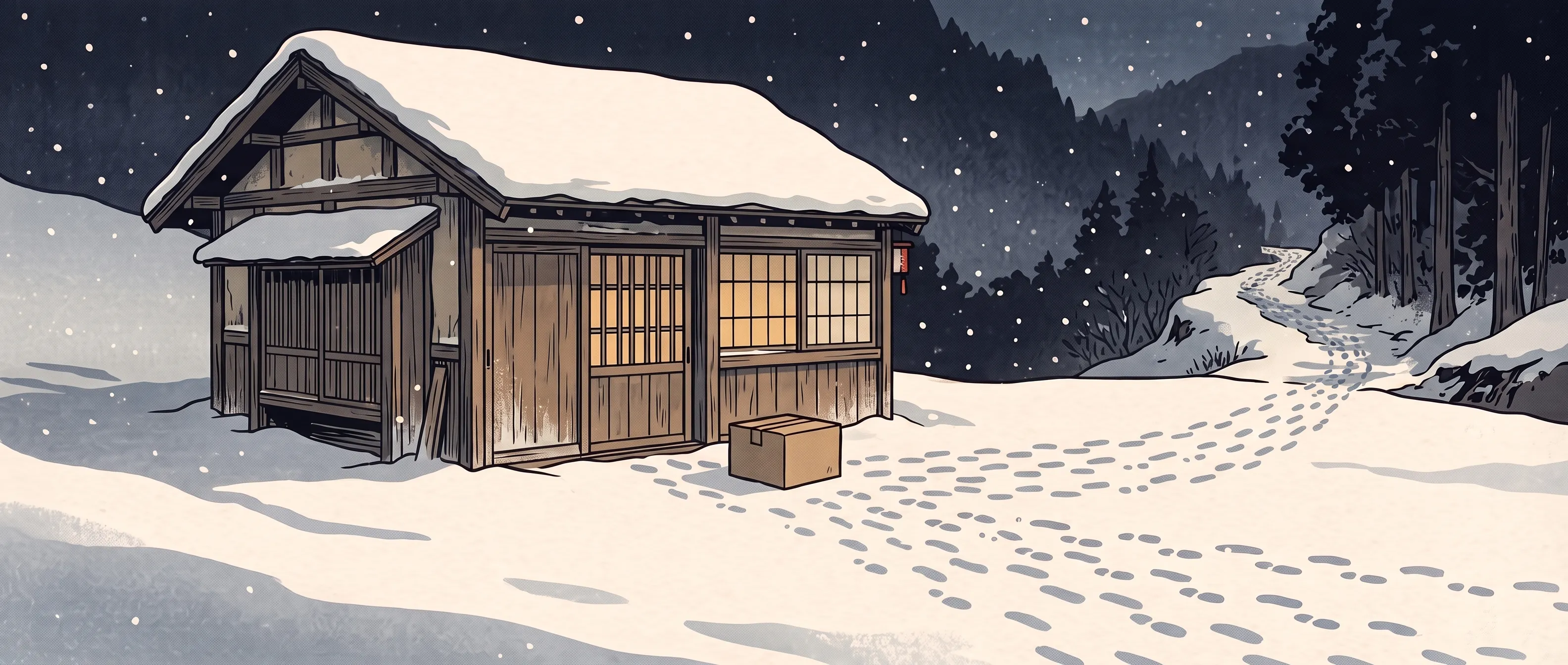 挿絵:大晦日の夜、雪の積もった工房の戸口に置かれた段ボール箱と、山道へ続く六人分の足あと