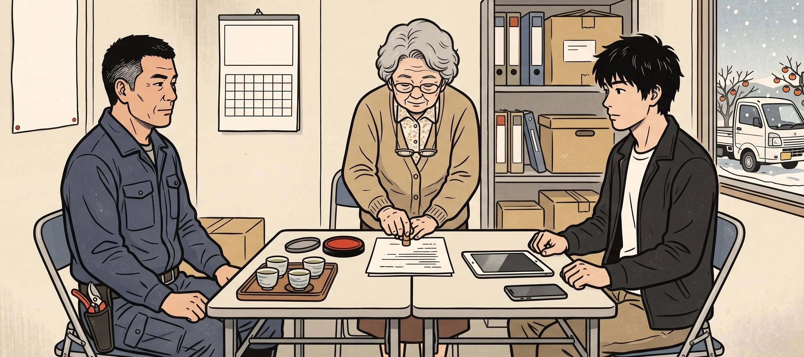 挿絵:年の瀬のプレハブの事務所。会議机の上の退職合意書に、カーディガン姿の臼井さんが判を押している。朱肉と捺印マット、向かい合って座る蟹江さんと猿渡さん、窓の外に軽トラック