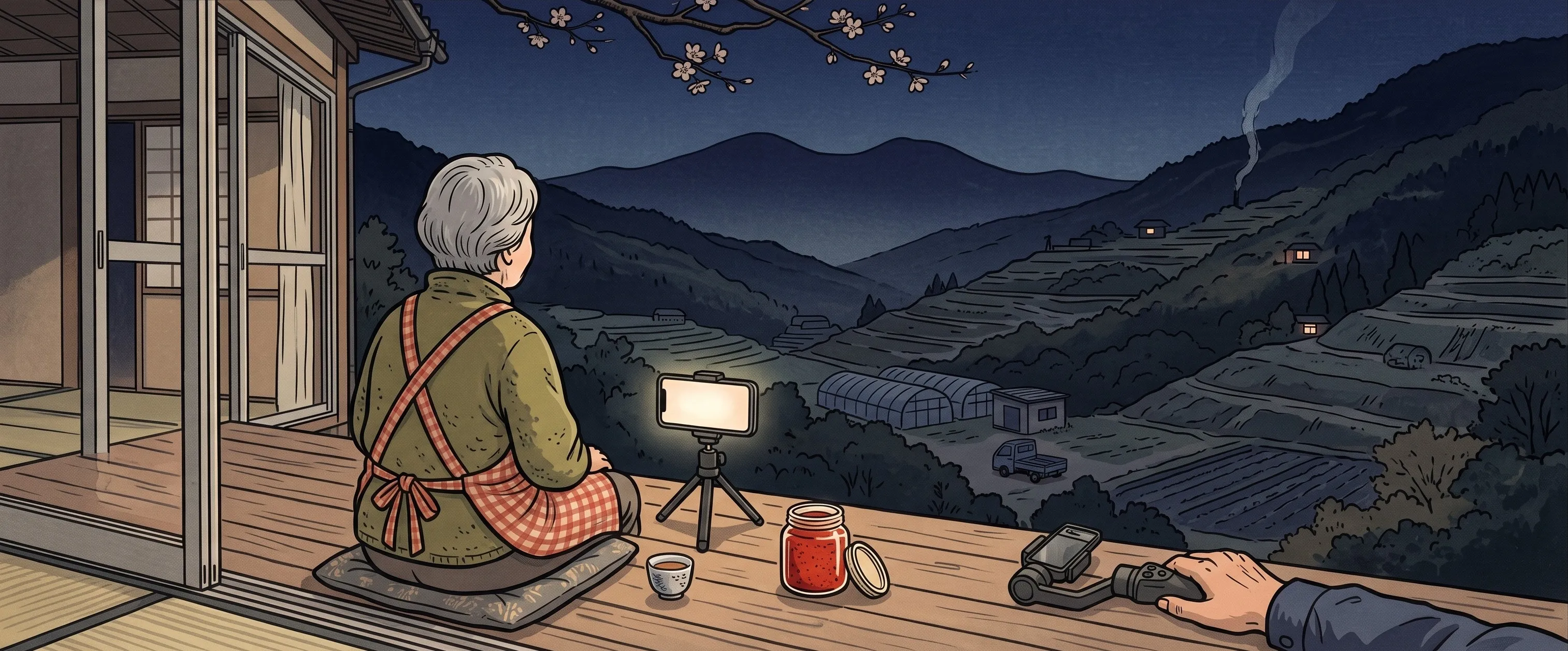 挿絵:春の夜の縁側で、背中を向けて座り、三脚のスマートフォンで配信を再開したおばあさん。そばに唐辛子味噌の瓶と、ジンバルに置かれたおじいさんの手。谷の向こうの北の斜面に家の灯りと、斜面の上から細い炭焼きの煙