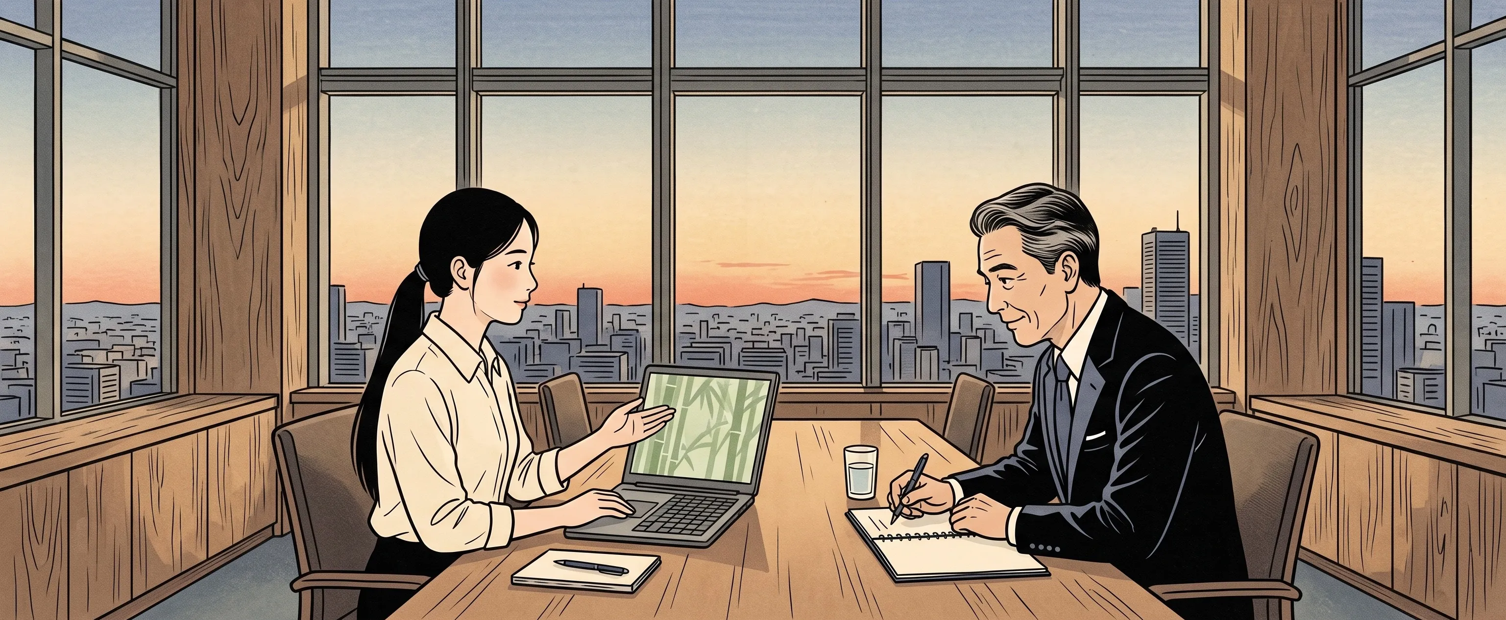 挿絵:本社最上階の面接室で、竹林の事業アイデアを話すかぐや姫と、身を乗り出してメモを取る帝