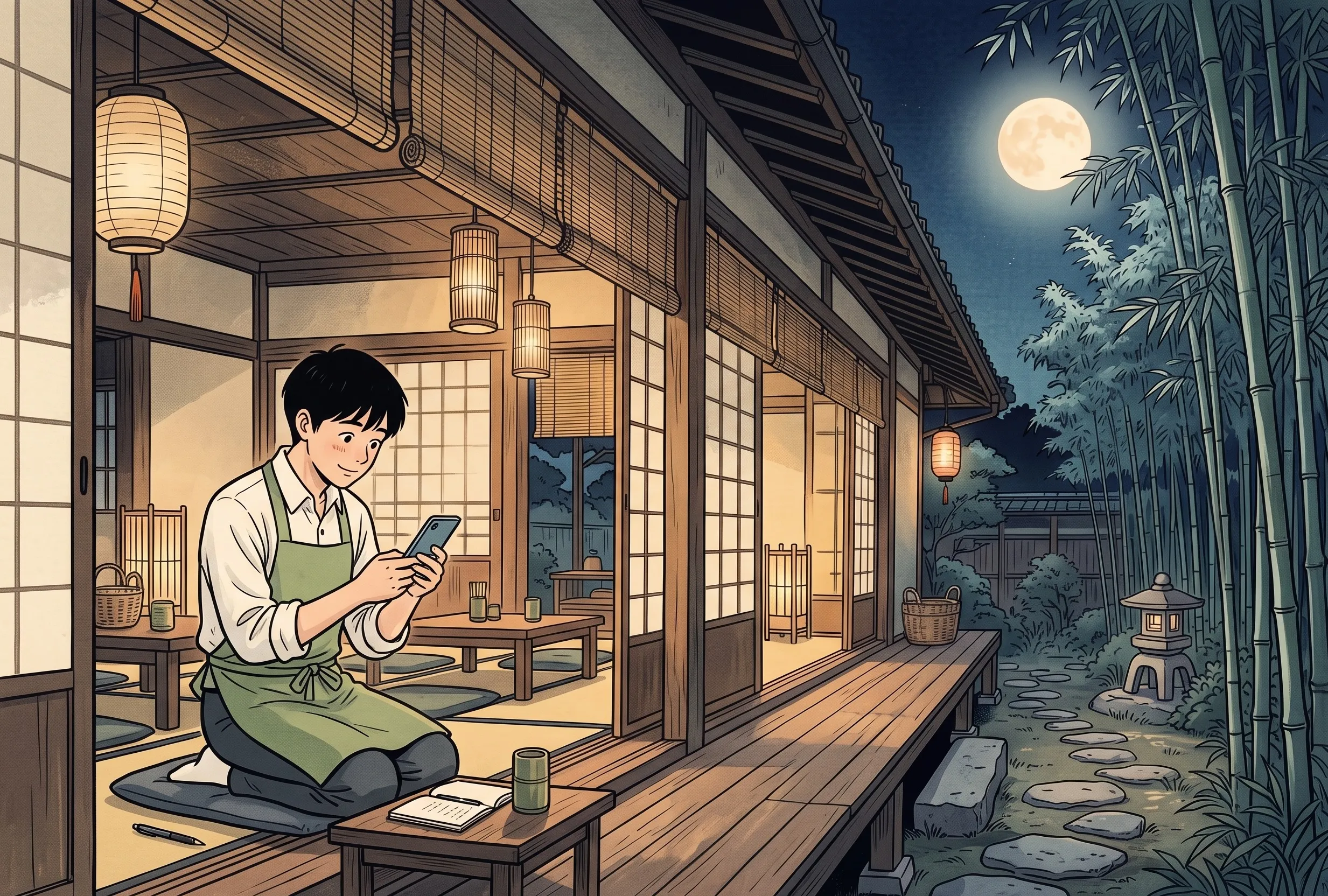 挿絵:一年後の満月の夜、閉店後の店で、スマホを見てほほえむ新人
