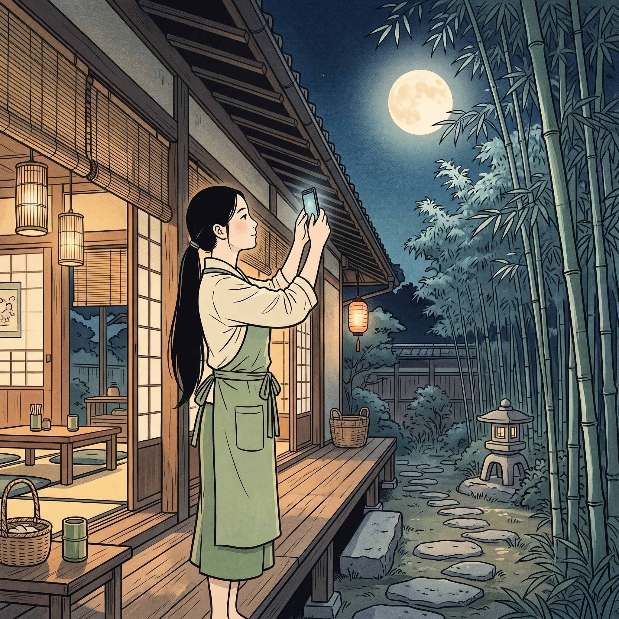 挿絵:満月の夜、竹林カフェの縁側で、竹林の上の月をスマホで撮るかぐや姫