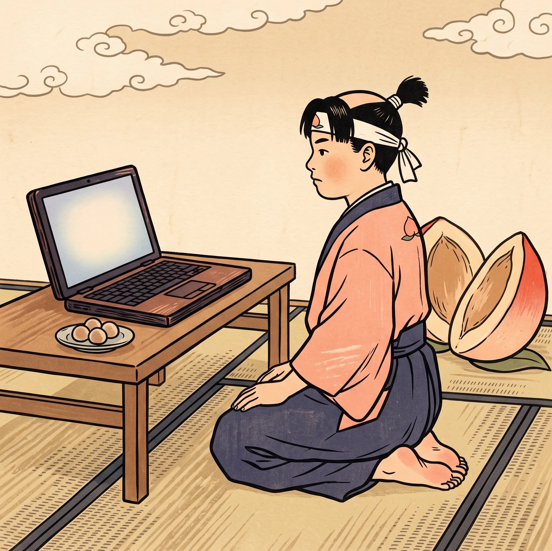挿絵:桃太郎、ノートPCの前で正座