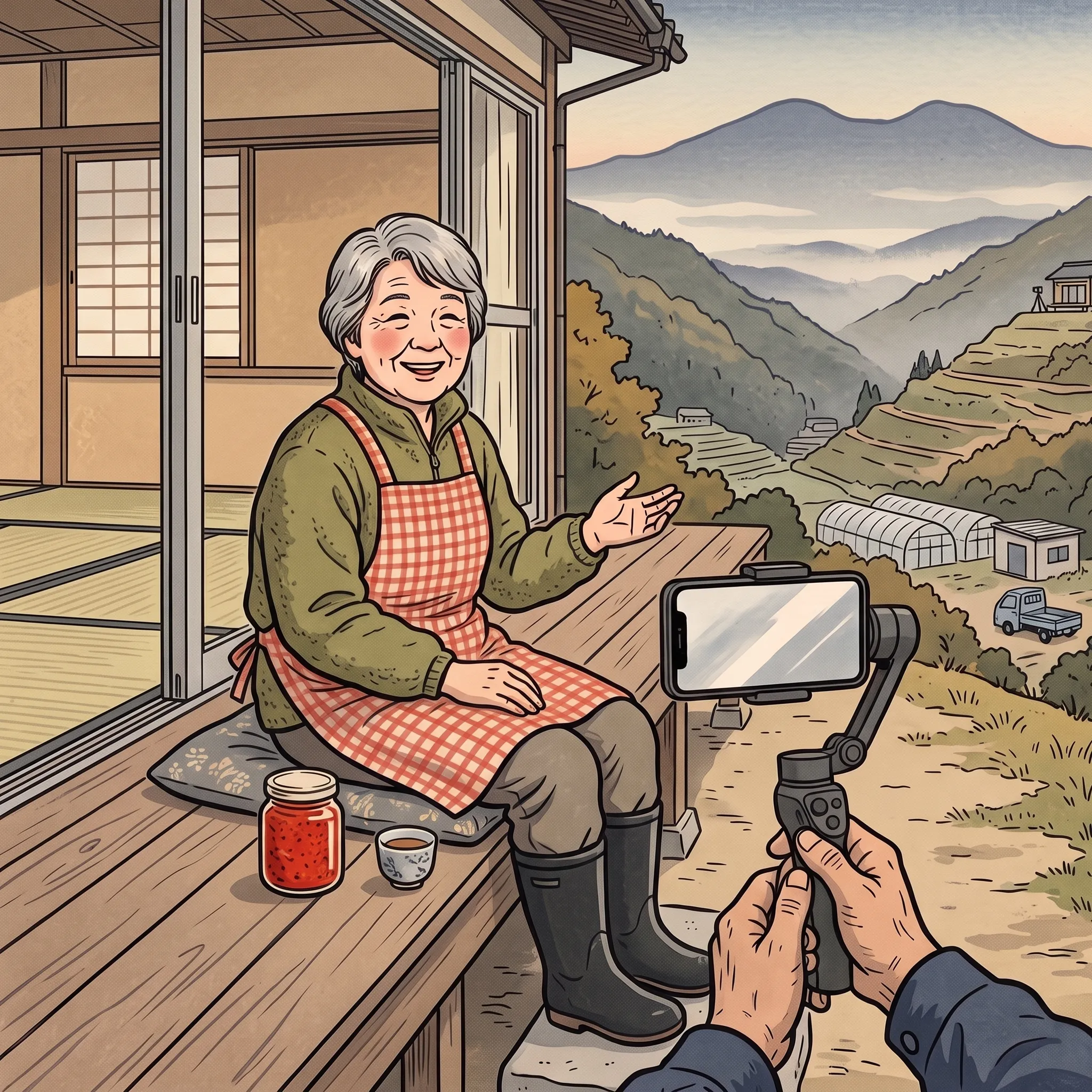 挿絵:夕方の縁側で、唐辛子味噌の瓶を前に配信するおばあさんと、ジンバルを構える手だけのおじいさん、谷を隔てた向かいの斜面の縁側にも、小さな三脚が一つ