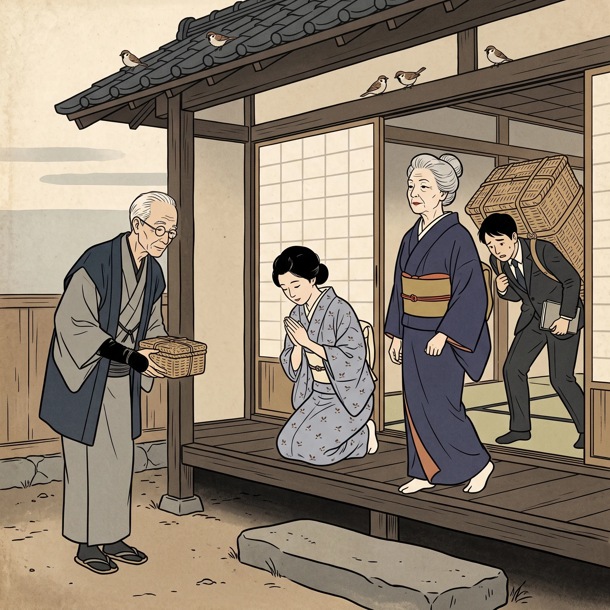挿絵:すずめのお宿の玄関で、小さいつづらを両手で持つおじいさんと、大きいつづらを秘書に背負わせて出ていくおばあさん、間で手を合わせて頭を下げる女将の鈴目さん