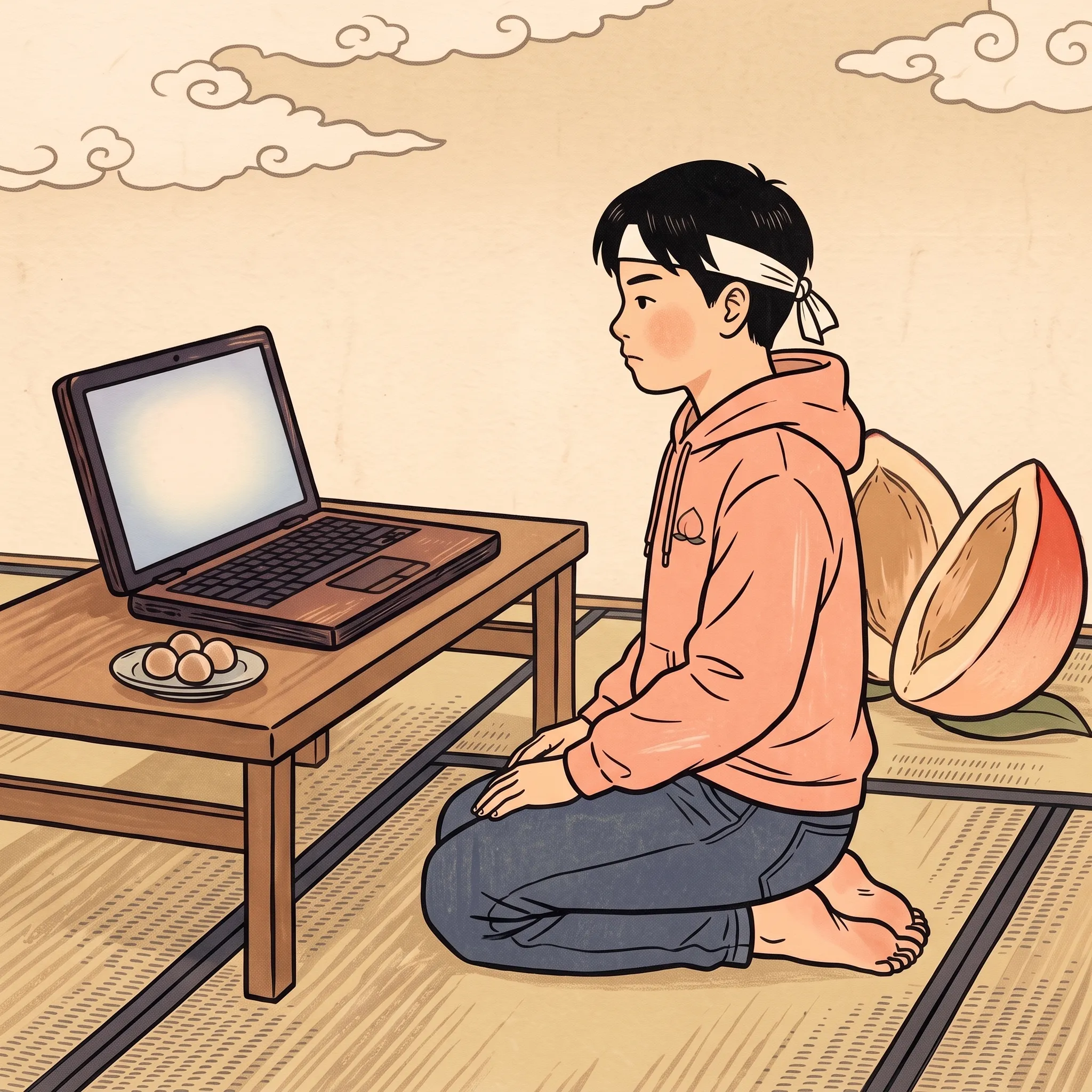 挿絵:桃太郎、ノートPCの前で正座