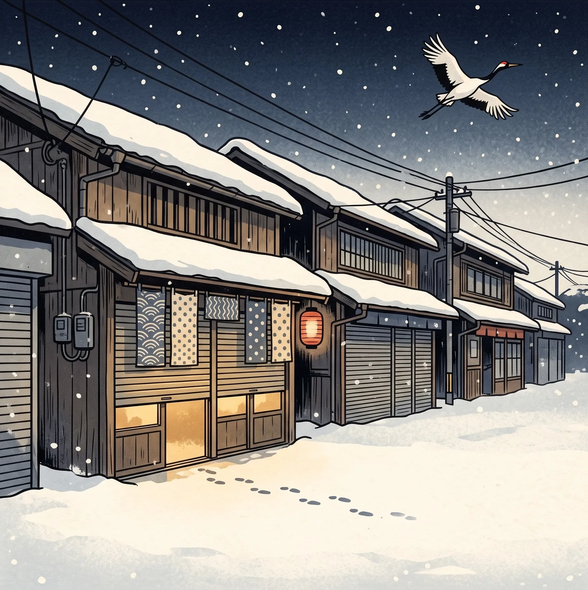 挿絵:初雪の夜の商店街。手ぬぐい屋の前から続く足あとが途中で消え、夜空に鶴が一羽飛んでいく